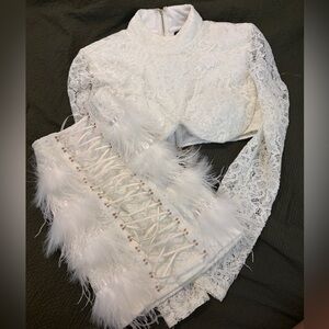 White Lace Two-Piece Set | Long Sleeve Top & Feather Skirt | Women’s Large